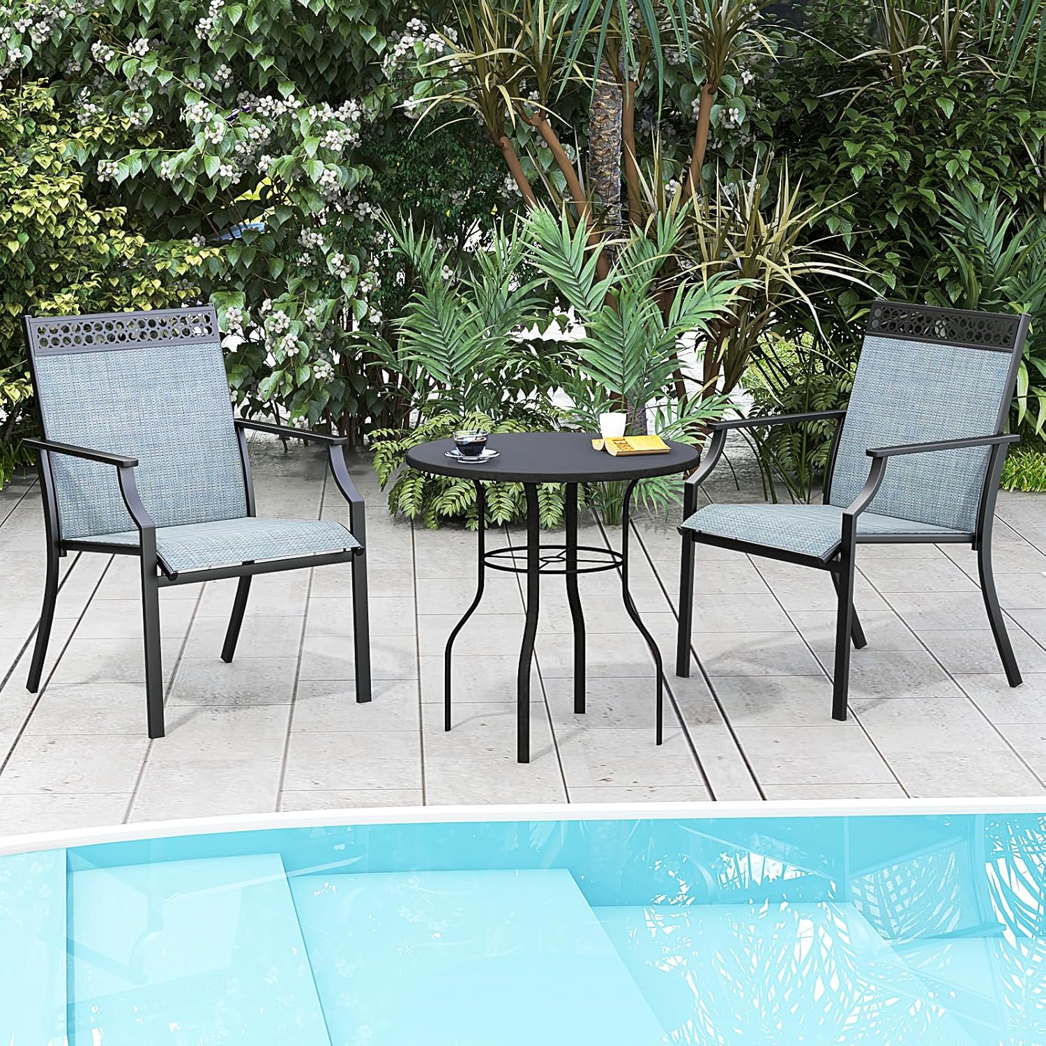 Set di 2 Sedie da Giardino in Textilene, Sedie da Esterno con Schienale Alto, Braccioli, Robusto Telaio in Metallo, Fino a 150 kg, per Patio Terrazza Balcone (Blu + Nero)