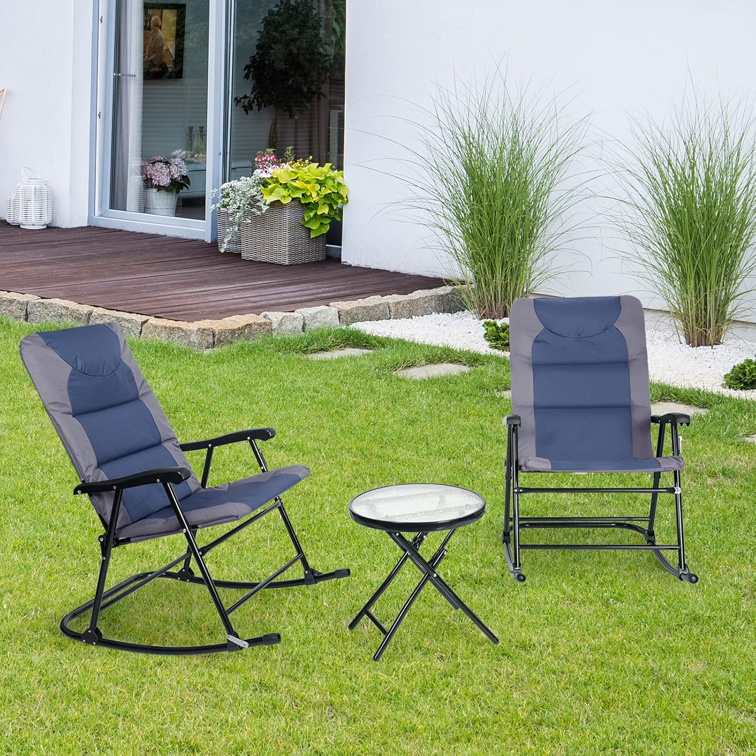 Set di 3 Sedie a Dondolo e Tavolino da Esterno, Sedie e Tavolino Pieghevoli in Vetro e Acciaio, Ideale per Balcone, Giardino e Cortile (Blu)