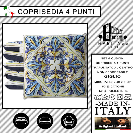 6 Cuscini Sedie Cucina, Coprisedia Cucina, Cuscini per Sedie Quadrati, Trapuntati al Centro, Cuscino Sedia con Laccetti, Made in Italy (Giglio)