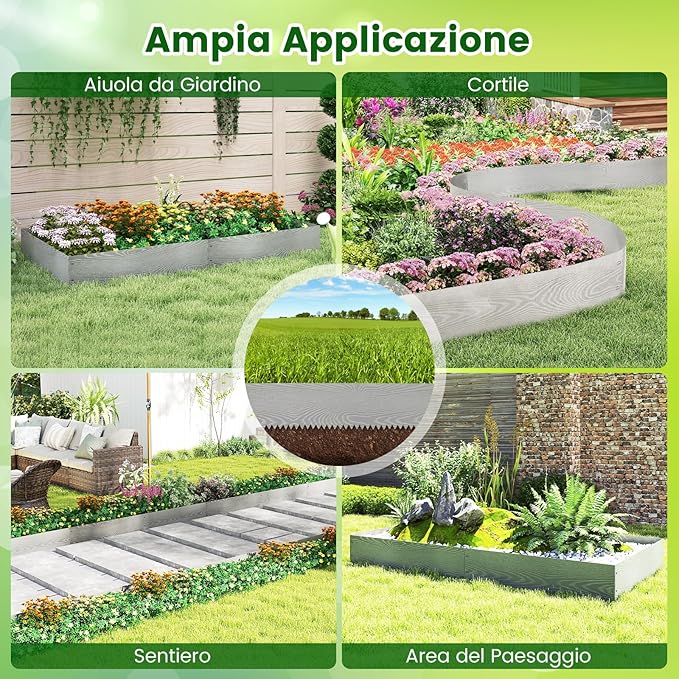 Bordatura da Giardino 6 M, Set di 6 Bordi per Aiuola 110 x 22 cm in Metallo Zincato con Paio di Guanti, Recinzione Flessibile per Prato, Cortile e Giardino