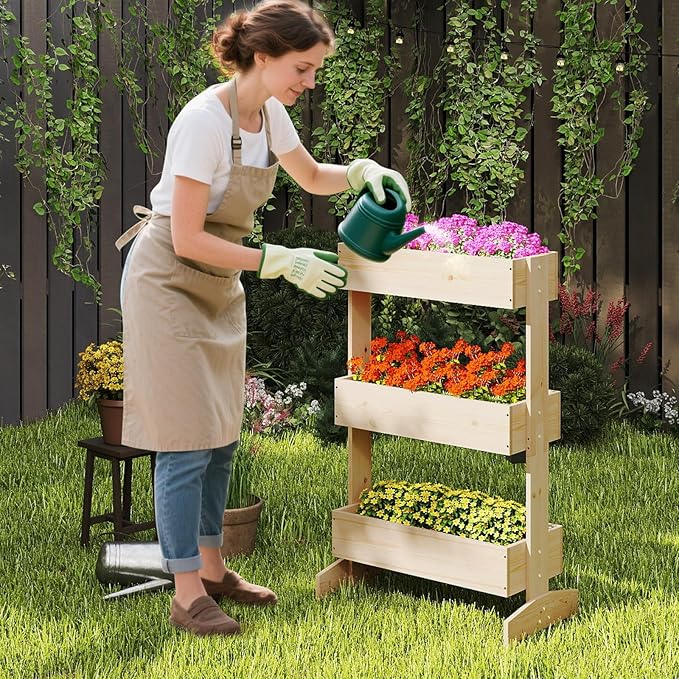 Letto da Giardino Rialzato a 3 Livelli, Fioriere in Legno da Interno e Esterno per Fiori, Verdure ed Erbe, Supporto per Vasi da Fiori Autoportante per Patio, Balcone e Giardino