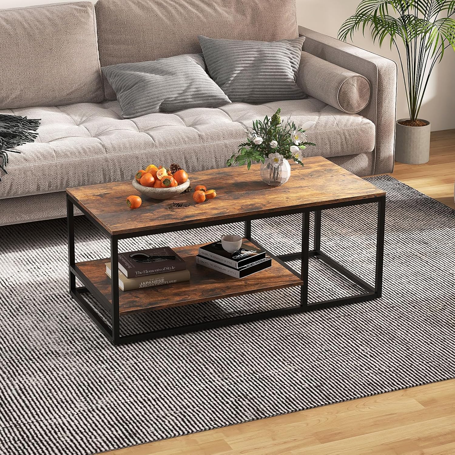 COSTWAY Tavolino da Caffè a 2 Livelli, Tavolino Rettangolare con Mensola e Struttura in Metallo, Tavolino in Legno per Salotto, Ufficio e Studio, Marrone