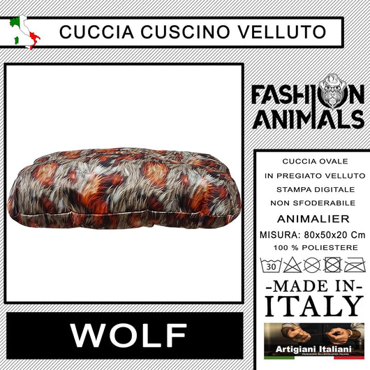 Cuscino ovale per cani e gatti - Morbido letto in velluto non sfoderabile - Letto interno dal design Animalier - Made in Italy (Wolf)