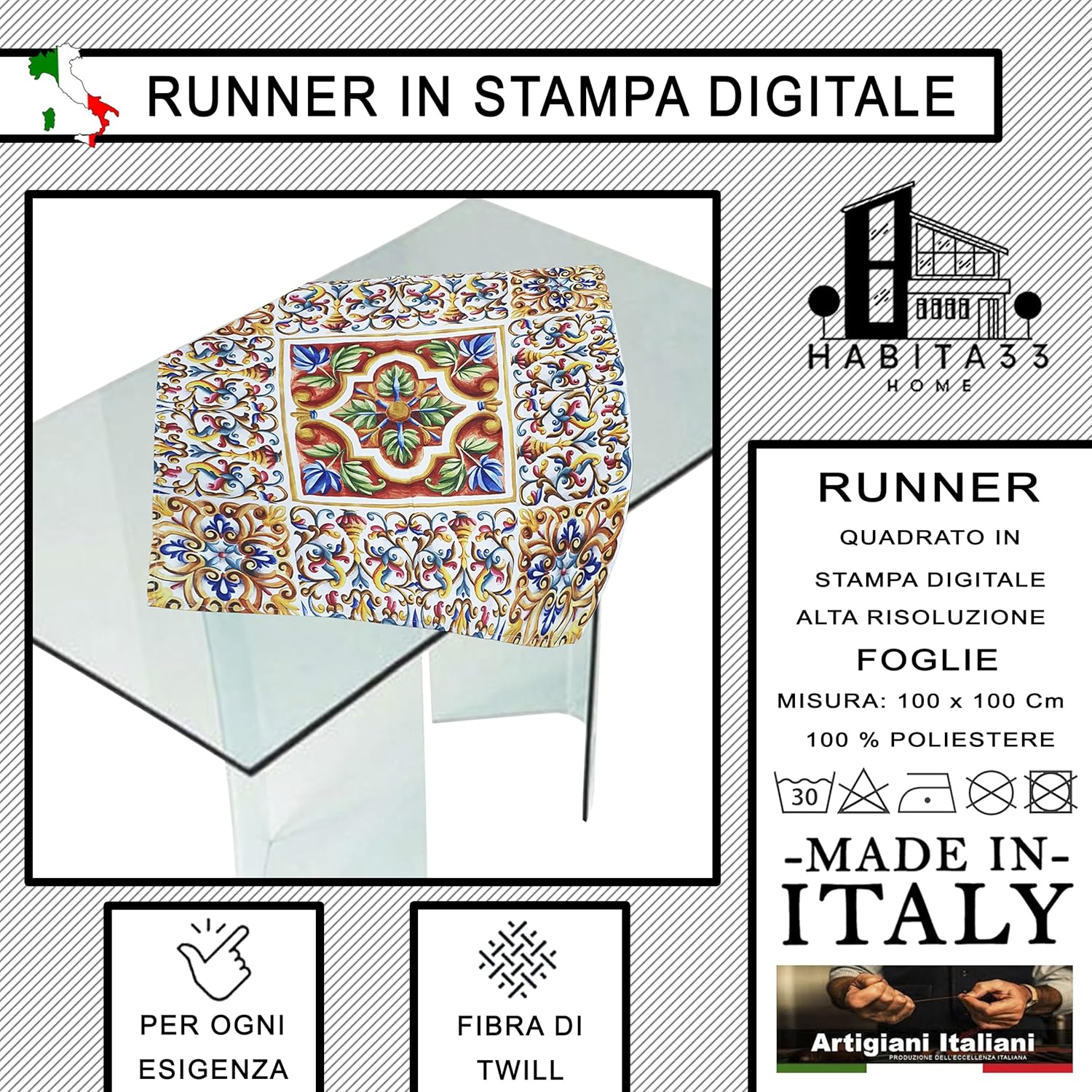 Runner da Tavola, Centrotavola Moderno per Mobili da interno o esterno Made in Italy (Foglie)