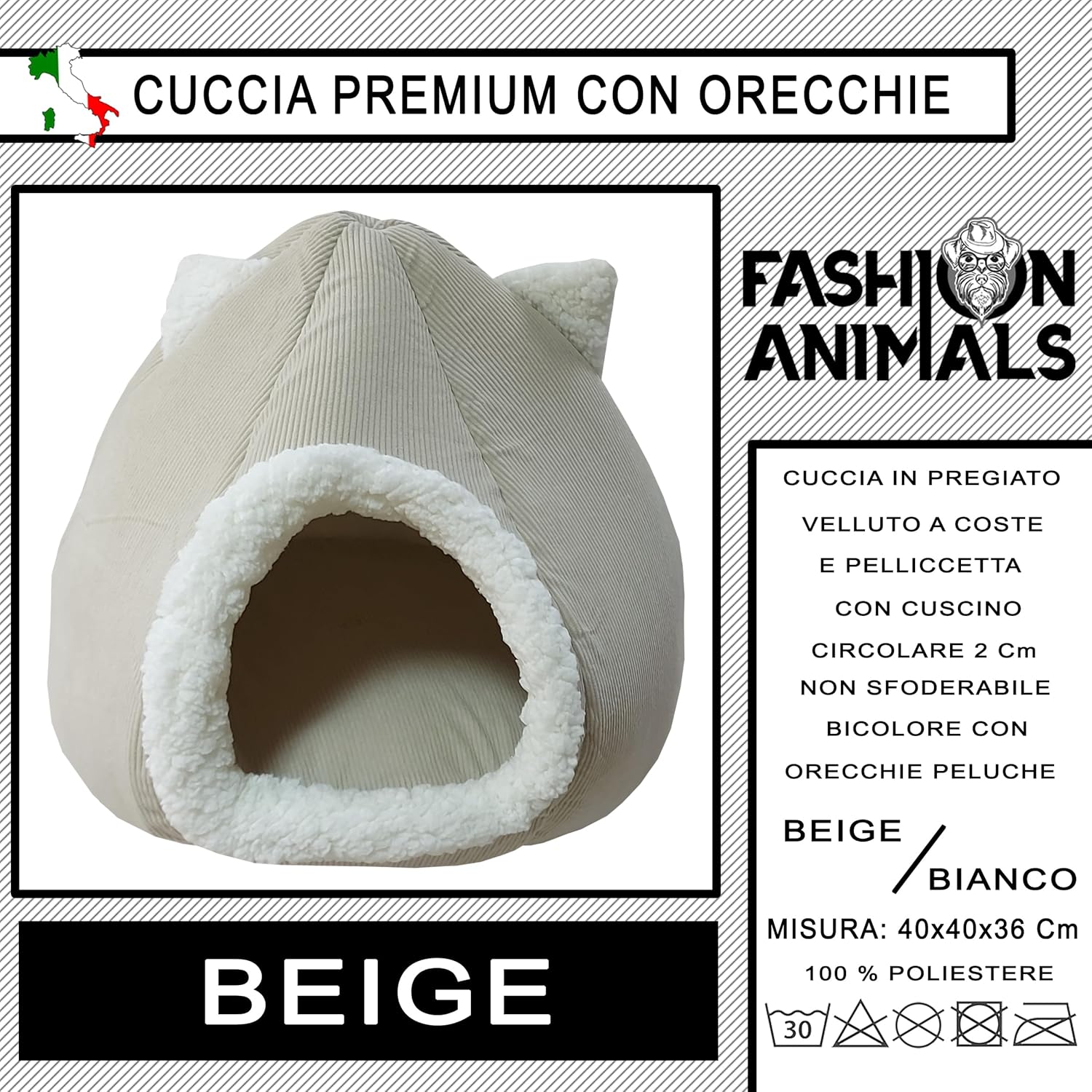 Cuccia Premium per cani e gatti - Letto morbido e confortevole - Base antiscivolo - Resistente e Facile da lavare (with ears-Beige)