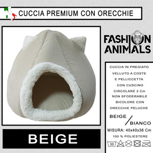 Cuccia Premium per cani e gatti - Letto morbido e confortevole - Base antiscivolo - Resistente e Facile da lavare (with ears-Beige)