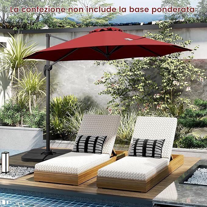 Ombrellone da Esterno 294 cm, Ombrellone con Rotazione a 360°, 5 Angoli di Inclinazione Regolabili, Base a Forma di Croce, 8 Stecche, Ombrellone per Giardino, Piscina, Cortile