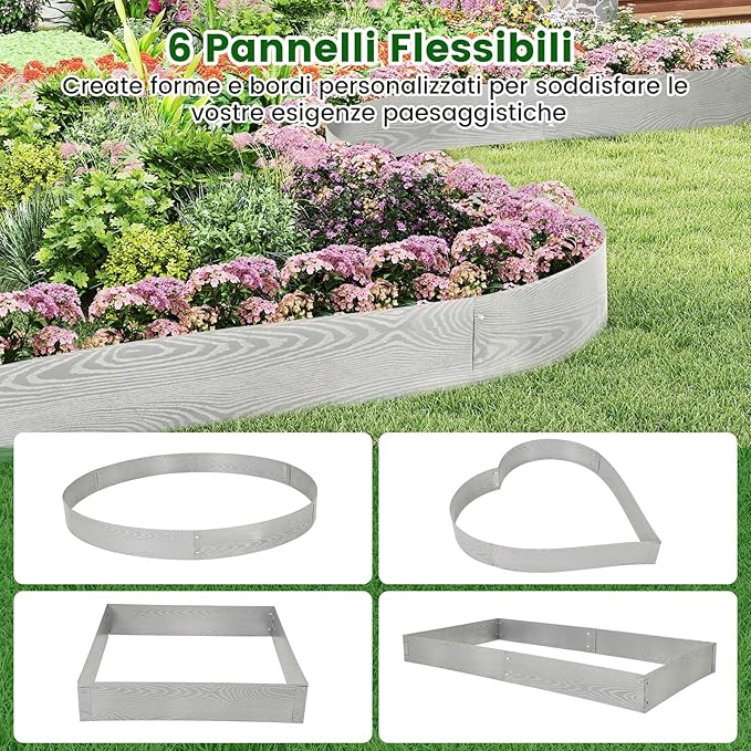 Bordatura da Giardino 6 M, Set di 6 Bordi per Aiola 110 x 20 cm in Metallo Zincato con un Paio di Guanti, Recinzione Flessibile e Forma Regolabile