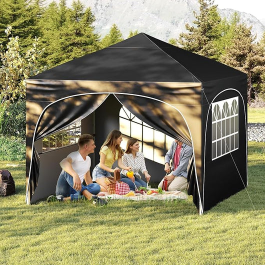 Gazebo Piehevole da Esterno 3 x 3 m, Gazebo Regolabile in Altezza con Pareti Rimovibili, Borsa con Ruote, Picchetti, Ancoraggi, Corde Vento e Sacchi di Sabbia, Tendone per Giardino (Nero)