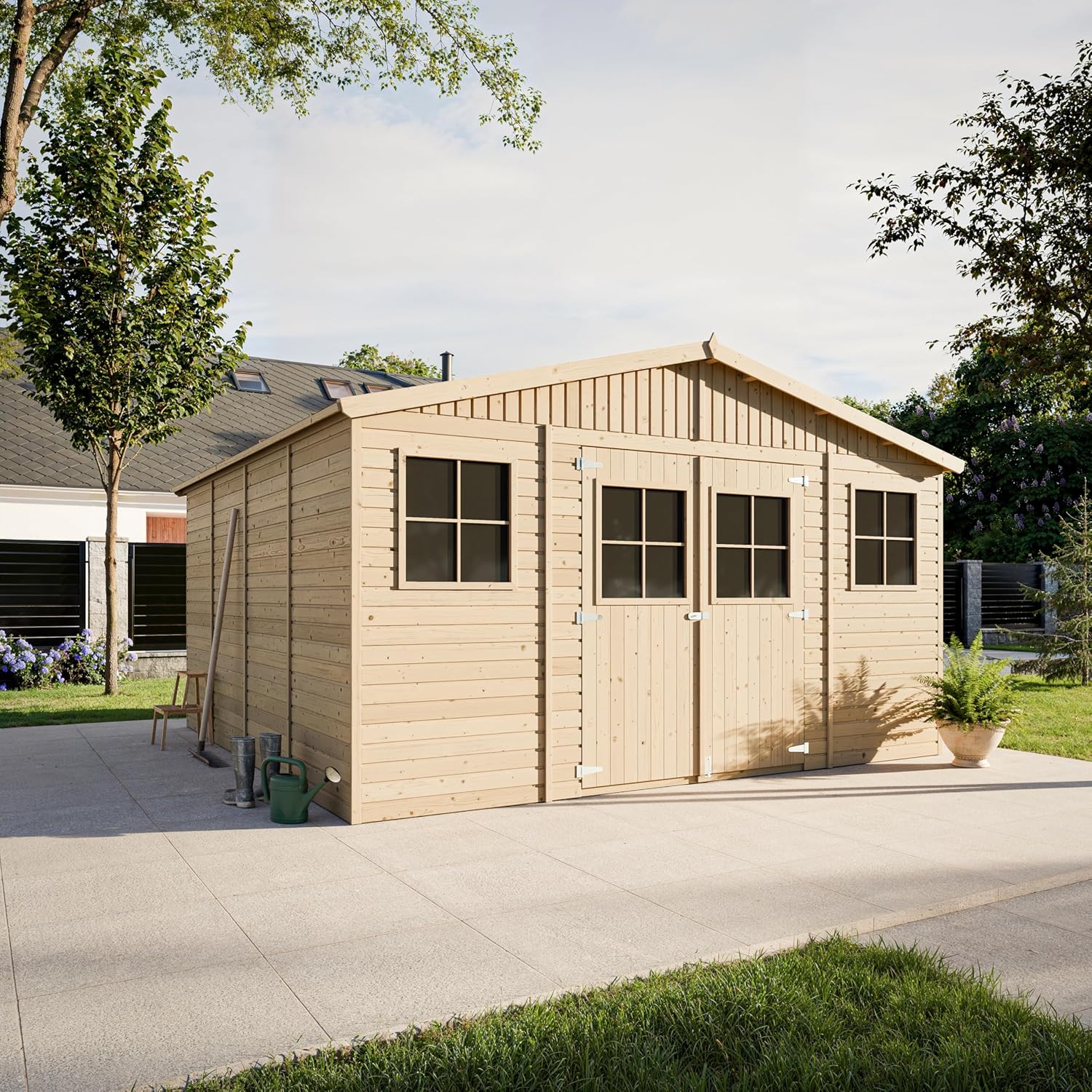 Casa da giardino in legno naturale Timbela M330+M330G CON PAVIMENTO IMPREGNATO H246x418x420 cm/16 m?²-