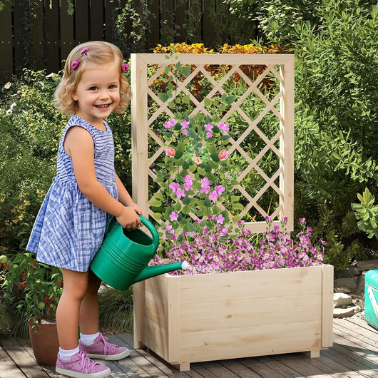Fioriera con Traliccio, Letto da Giardino Rialzato con Grigliato e Fori di Drenaggio, Aiuola Elevata in Legno per Piante Rampicanti da Interno ed Esterno (58 x 35 x 101 cm)