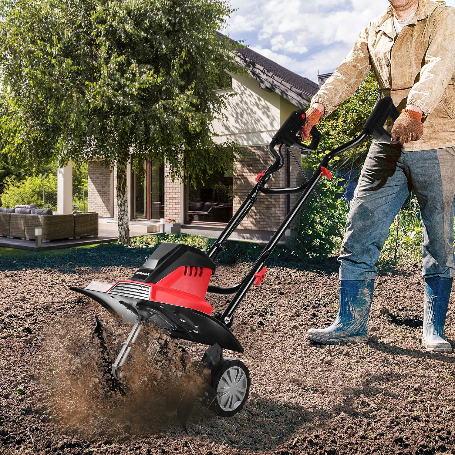 Zappatrice Elettrica Dissodatore Coltivatore per Giardino, Motozappa 230V, Rosso Nero (1500W, 45cm)