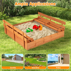 Sabbiera per Bambini in Legno, Sabbiera da Esterno con Coperchio, 2 Panchine con 4 Sedili Larghi e Schienali, Sabbonaia per Giardino, Patio e Cortile, 125 x 118 x 42,5 cm