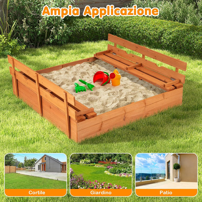Sabbiera per Bambini in Legno, Sabbiera da Esterno con Coperchio, 2 Panchine con 4 Sedili Larghi e Schienali, Sabbonaia per Giardino, Patio e Cortile, 125 x 118 x 42,5 cm