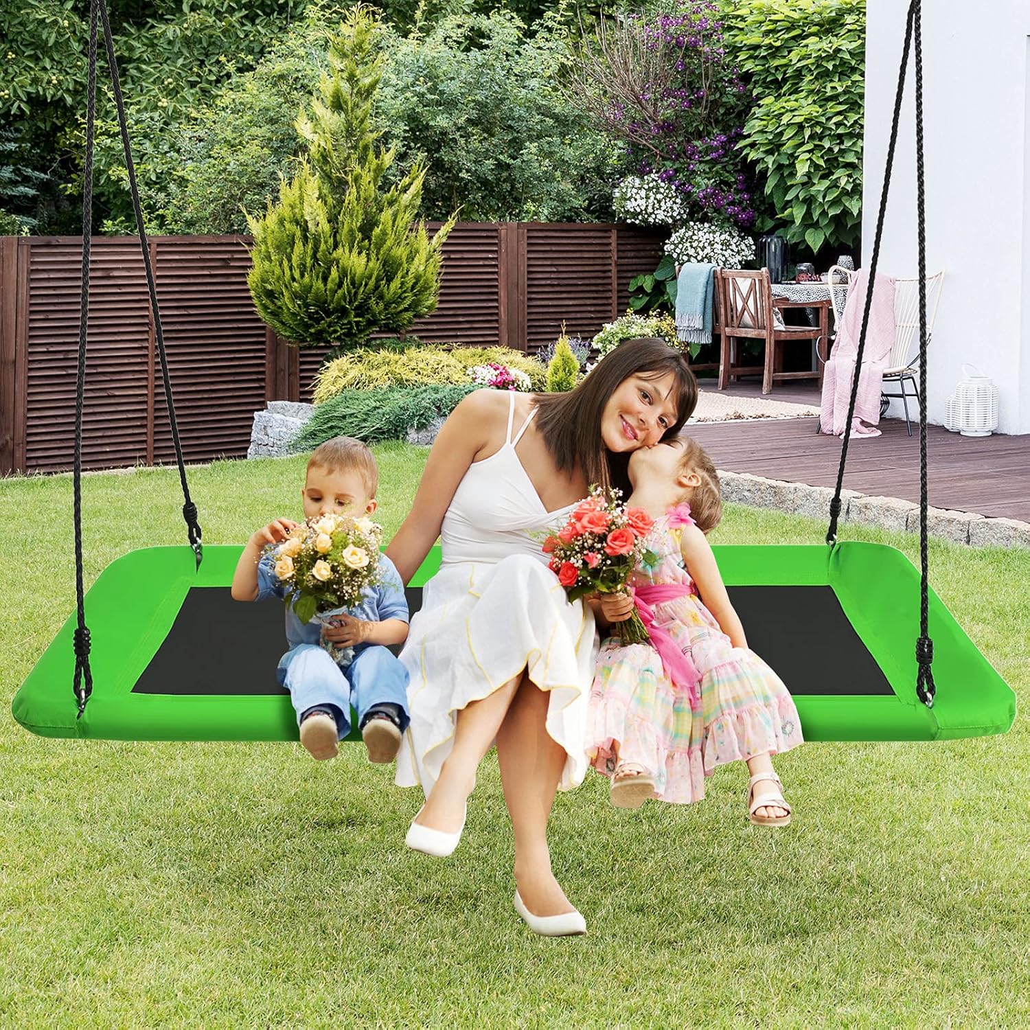 Altalena da Giardino per Bambini, Altalena 150cm con Struttura in Acciaio, Con Corde Regolabili, Adatta per Portico Cortile Giardino (Verde)