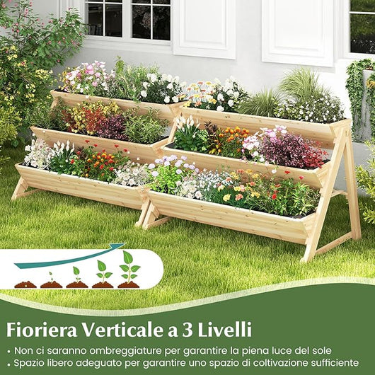 Letto Rialzato da Giardino a 3 Livelli, Fioriera Verticale in Legno con Ripiano, 2 Ganci e 3 Fodere per Letti, Aiuola Rialzata per Patio, Balcone, Naturale