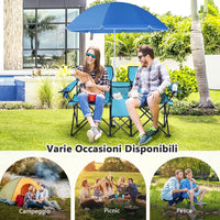Set di 2 Sedie da Campeggio Pieghevoli, con Ombrellone e Tavolino Contenitore, Resistente e Leggero, Capacità 113 kg (blu)