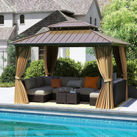 Gazebo da Giardino 3,5 x 3 m Hardtop Doppio Tetto, Gazebo in Metallo Zincato e Alluminio Effetto Legno con Zanzariera e 4 Teli Laterali, Gazebo Hardtop per Terrazza e Giardino, Marrone