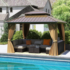 Gazebo da Giardino 3,5 x 3 m Hardtop Doppio Tetto, Gazebo in Metallo Zincato e Alluminio Effetto Legno con Zanzariera e 4 Teli Laterali, Gazebo Hardtop per Terrazza e Giardino, Marrone