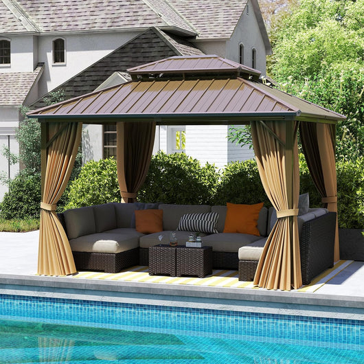 Gazebo da Giardino 3,5 x 3 m Hardtop Doppio Tetto, Gazebo in Metallo Zincato e Alluminio Effetto Legno con Zanzariera e 4 Teli Laterali, Gazebo Hardtop per Terrazza e Giardino, Marrone