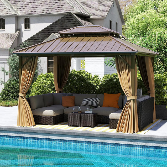 Gazebo da Giardino 3,5 x 3 m Hardtop Doppio Tetto, Gazebo in Metallo Zincato e Alluminio Effetto Legno con Zanzariera e 4 Teli Laterali, Gazebo Hardtop per Terrazza e Giardino, Marrone