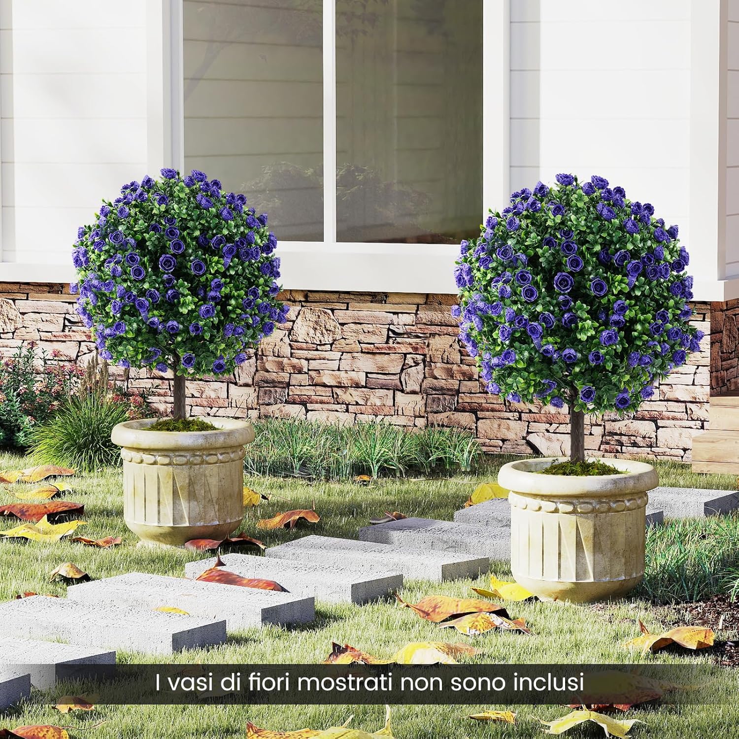 Set di 2 Alberi di Topiario Artificiale con Rose Viola, Albero di Bosso Finto da 55 cm con Vaso Riempito di Cemento, Pianta Finta Resistente al Sole per Interni ed Esterni