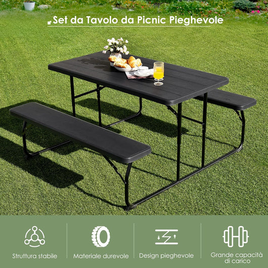 Set di Tavolo Campeggio Pieghevole, 136 x 151 x 73cm, Set di Tavolino e 2 Panca da Campeggio all’Aperto, da 4-6 Posti, per Patio Giardino Bordo Piscina (nero)