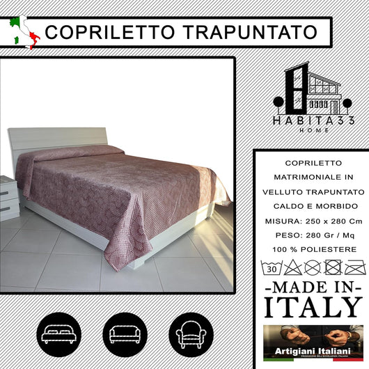 Copriletto Matrimoniale Autunno Inverno in Morbido Velluto Trapuntato, Misure Generose 250x280cm, Manifattura Italiana (Rosa Ventaglio)