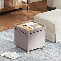 Pouf Contenitore da 45 cm, Sgabello con Vassoio e Gambe in Legno di Gomma, Poggiapiedi Imbottito, Sgabello per Scarpe Quadrato per Soggiorno, Portata 150 kg (Beige)