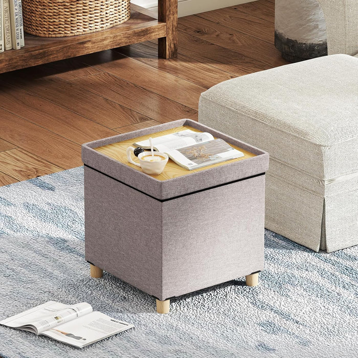 Pouf Contenitore da 45 cm, Sgabello con Vassoio e Gambe in Legno di Gomma, Poggiapiedi Imbottito, Sgabello per Scarpe Quadrato per Soggiorno, Portata 150 kg (Beige)