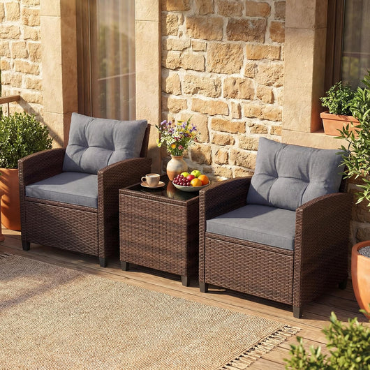 Set di Mobili da Giardino, in Rattan, 3 Pezzi Mobiletti, 1 Tavolino + 2 Poltrone, Salottino da Esterno, con Cuscini per Balcone, Giardino, Cortile, Terrazza, 3 Colori (Grigio)