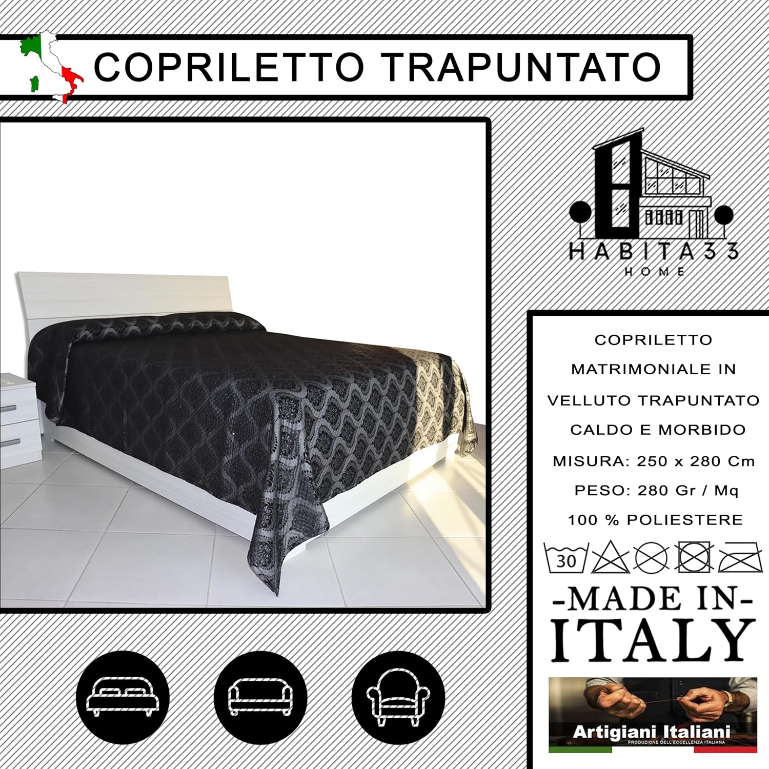 Copriletto Matrimoniale Autunno Inverno in Morbido Velluto Trapuntato, Misure Generose 250x280cm, Manifattura Italiana (Black Damascato)