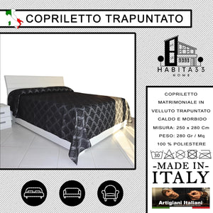 Copriletto Matrimoniale Autunno Inverno in Morbido Velluto Trapuntato, Misure Generose 250x280cm, Manifattura Italiana (Black Damascato)