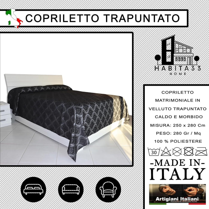 Copriletto Matrimoniale Autunno Inverno in Morbido Velluto Trapuntato, Misure Generose 250x280cm, Manifattura Italiana (Black Damascato)