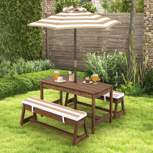 Tavolo da Picnic per Bambini con Parasole Pieghevole, Set di Tavolo e Panca in Legno con Cuscini, per Giardino, Cortile, Patio (Marrone)