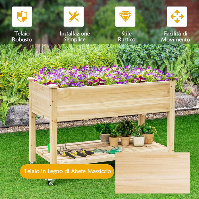 Letto da Giardino Rialzato, Fioriera da Esterno Alta con Ruote Bloccabili e Rivestimento Protettivo, Aiuola Rialzata per Orto, Fiori e Verdure da Cortile e Patio,120 x 59 x 84 cm
