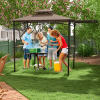 Gazebo per Barbecue, Pergola per BBQ con Tendalino Laterale, Tetto a 2 Livelli, 2 Ripiani Laterali, Ganci Appesi, Apribottiglie, per Giardino e Cortile, 318 x 153 x 250 cm (Marrone)