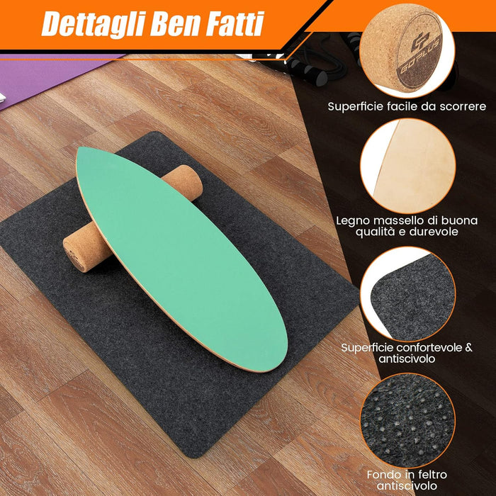 Balance Board in Legno, Tavola di Equilibrio con Rullo e Tappetino per Allenamento Skateboard Hockey Snowboard Surfing, per Esercizi Equilibrio e Tonificazione Core, Portata 227 kg (Verde)