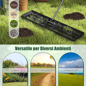 Rastrello Livellatore per Prato, Attrezzo per la Livellatura del Prato con Manico Ergonomico, Livellatrice per Giardino, Cortile, Campo da Golf, Fattoria e Pascolo (Nero 106 x 25 cm)