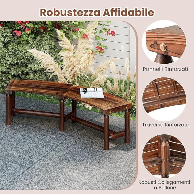 Panchina Curva da Patio, Panchina di Legno Massello per 2-3 Persone, Panca da Fuoco Senza Schienale per Esterni, Giardino e Bordo Piscina, Portata 360 kg (Marrone)