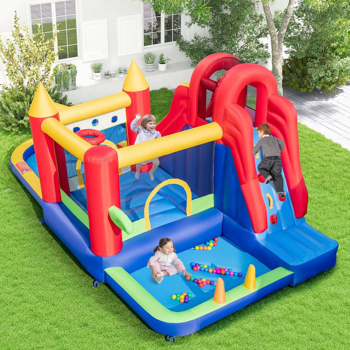 Castello Gonfiabile, Casa Gonfiabile con Scivolo, Piscina, Parete da Arrampicata, Trampolino e Cannone d'Acqua, con ventilatore, per Bambini di 3-10 Anni, 624 x 270 x 235 cm