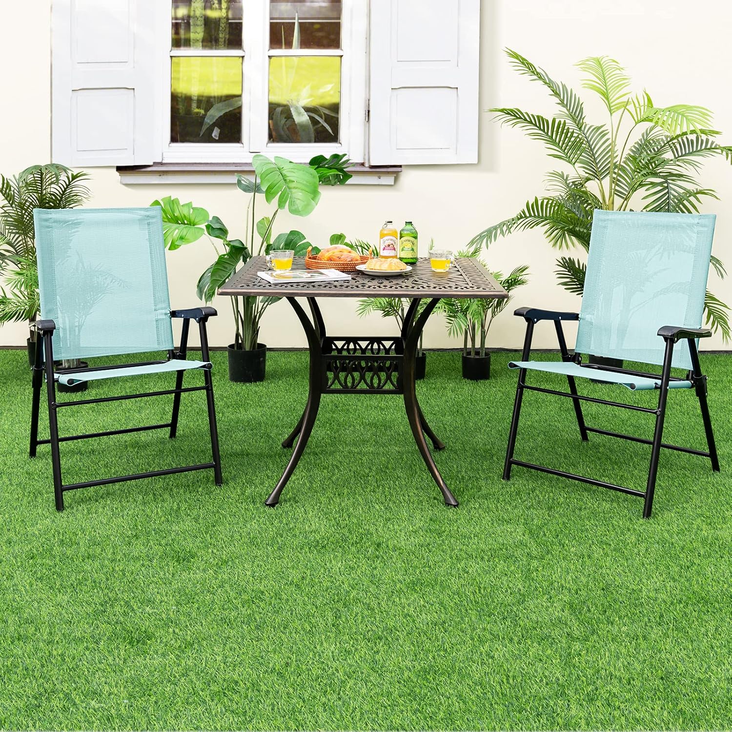 Set di 2/4 Sedie Pieghevoli da Giardino, Sedie Portatili con Braccioli e Struttura in Metallo, Sedie da Esterno Giardino Campeggio,Portata 150 kg (4, Verde Menta, 65 x 60 x 93 cm)