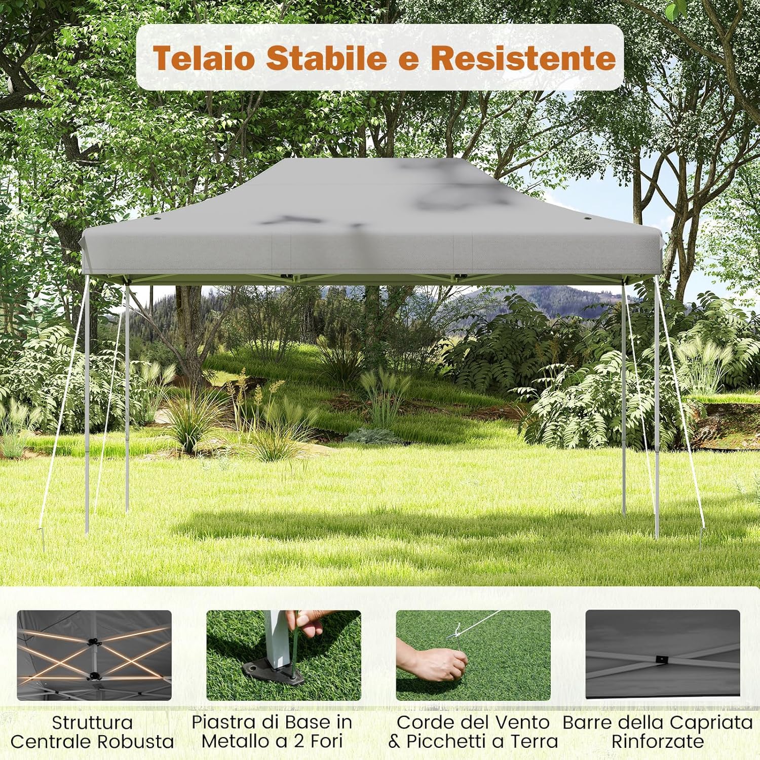 Gazebo Pop-up Pieghevole 3 x 4,5 m, Gazebo da Giardino Impermeabile Altezza Regolabile con Fori di Drenaggio, Tenda da Giardino Antivento con Borsa di Trasporto a Ruote (Grigio)