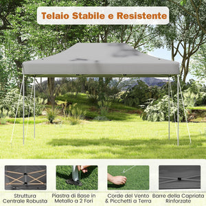 Gazebo Pop-up Pieghevole 3 x 4,5 m, Gazebo da Giardino Impermeabile Altezza Regolabile con Fori di Drenaggio, Tenda da Giardino Antivento con Borsa di Trasporto a Ruote (Grigio)
