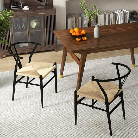 Set di 2 Sedie Sala da Pranzo, Sedie Moderna in Metallo con Seduta Intrecciato, Schienale a Forma di Y e Braccioli, Poltrone per Ufficio, Cucina e Ristorante, 46 x 59 x 73 cm (Nero e Naturale)