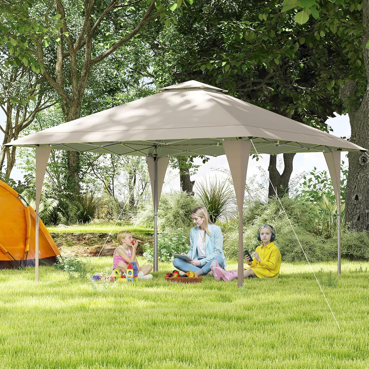 Tenda Pop-up Esterno 4x4 m Doppio Tetto, Gazebo da Giardino Altezza Regolabile con Fori di Drenaggio, Tenda da Giardino Antivento Facile da Montare con Borsa di Trasporto (Kaki)