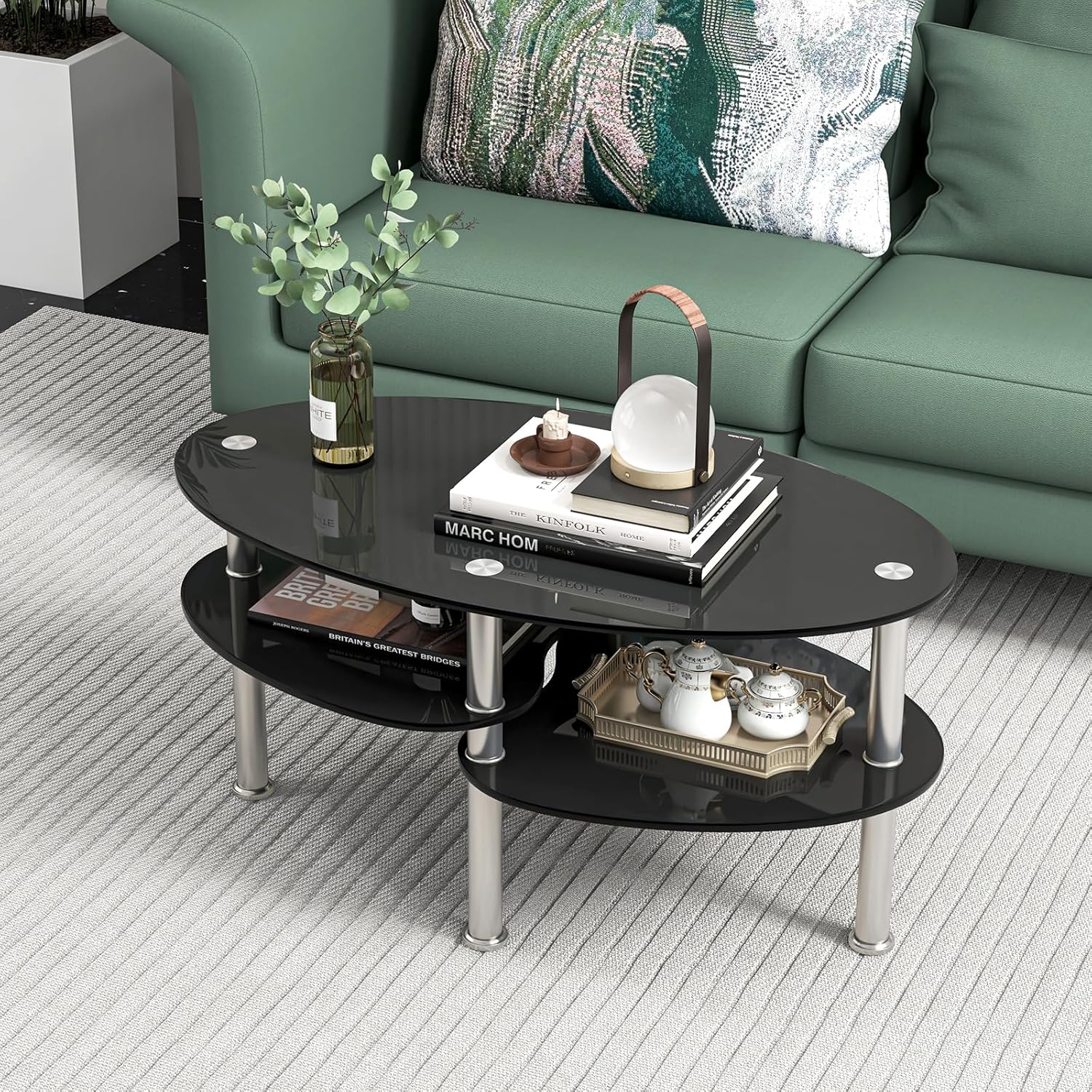 Tavolino da Salotto in Vetro Temperato Moderno, Tavolo Basso e Ovale con Piano Spazioso e 3 Livelli, Ideale per Soggiorno e Ufficio, 89 x 49 x 45 cm (Nero)