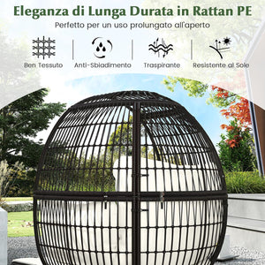 Sedia a Uovo con Poggiapiedi, Poltrona in Rattan con Struttura in Metallo e Cuscini Morbino, Portata 205 kg, Poltrona Relax per Soggiorno, Giardino, Patio e Terrazzo