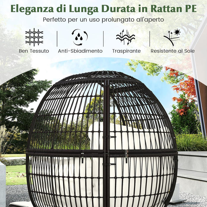 Sedia a Uovo con Poggiapiedi, Poltrona in Rattan con Struttura in Metallo e Cuscini Morbino, Portata 205 kg, Poltrona Relax per Soggiorno, Giardino, Patio e Terrazzo