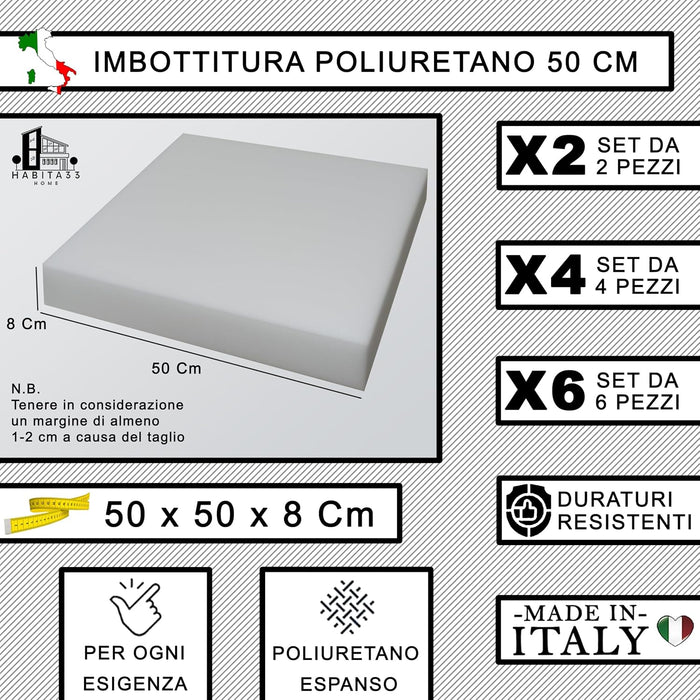 Set 4 Imbottitura Cuscini 50x50x8, Inserto Cuscino Poliuretano per Cuscini Sedie Cucina o Esterno, Cuscino Personalizzato, Made in Italy (4, Poliuretano 50 cm)